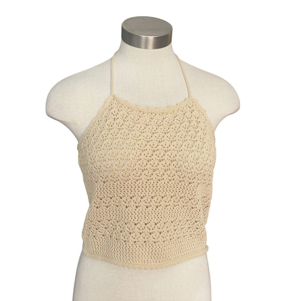 House of Harlow 1960 Top Crochet Cropped Halter Beige Sz. M